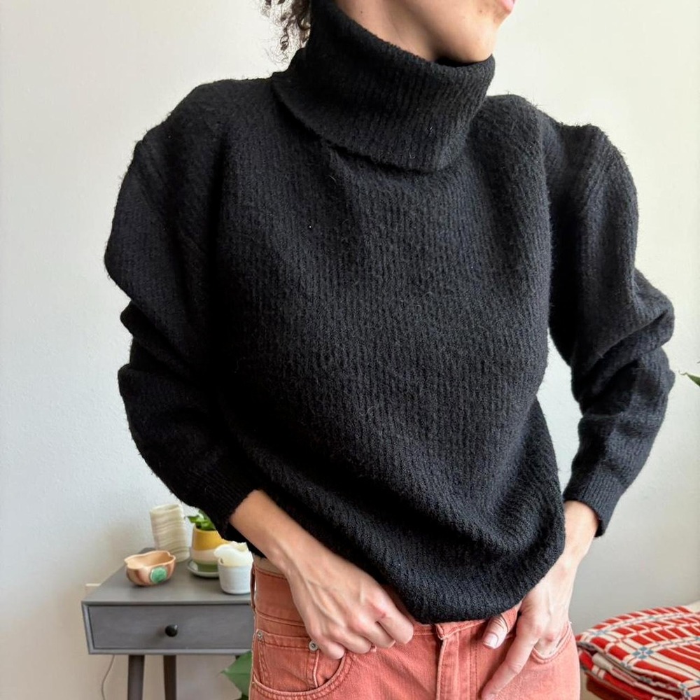 Topshop Black Puff Shoulder Turtleneck Chunky Knit Sweater US 12 Large